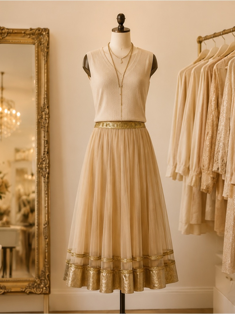 Formal Mesh Tulle Midi Tan Skirt Pleated Gold Metallic Trim Size 34